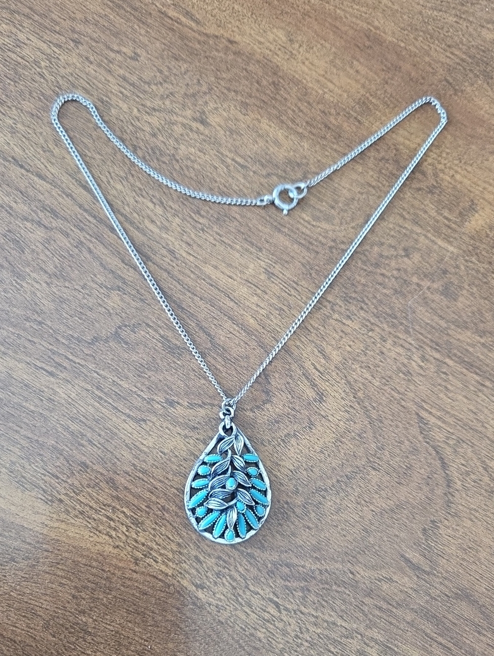 Silver Teardrop Pendant Necklace with Turquoise Accents - Women Jewelry